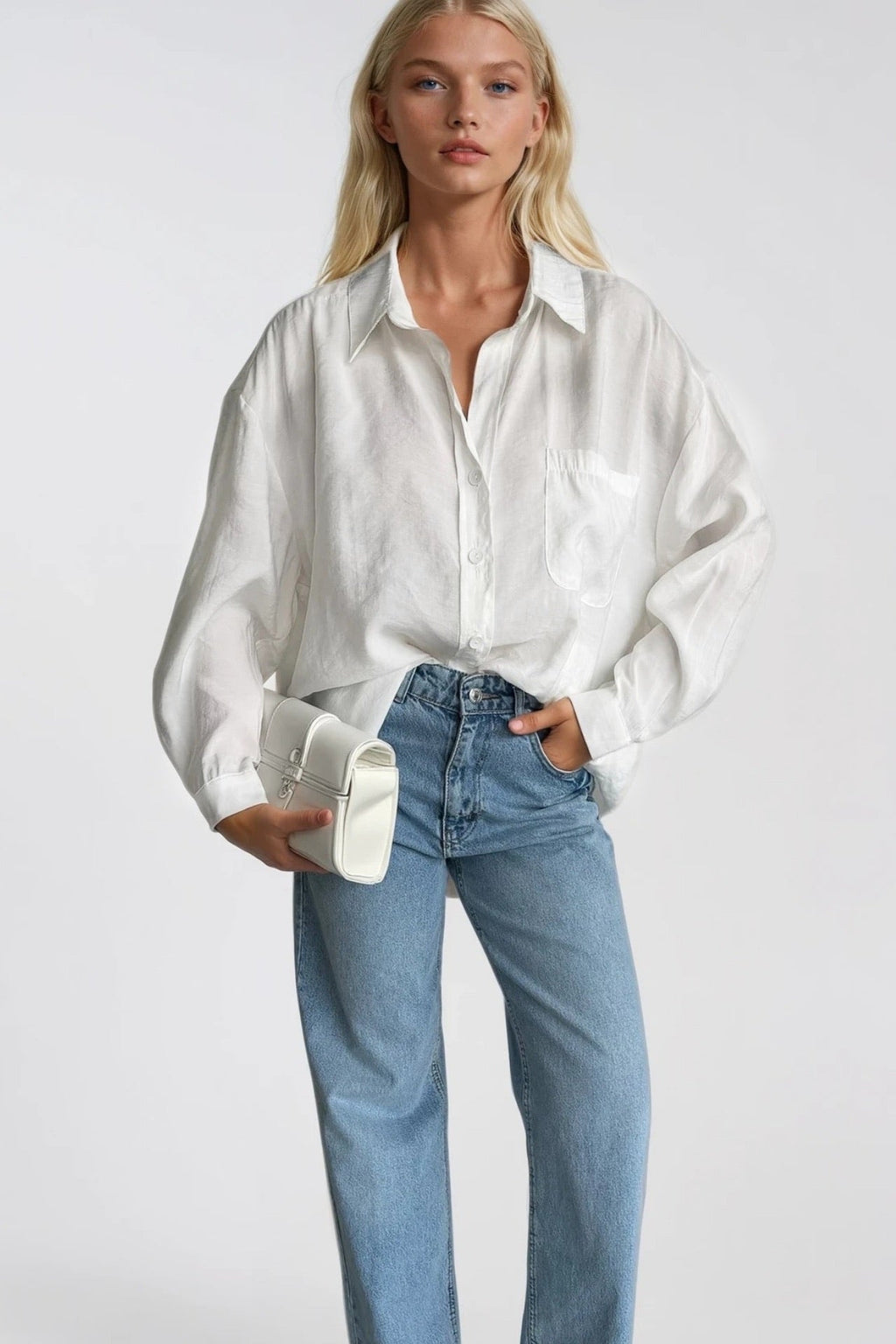 Cep Detay Basic Oversize White Shirt