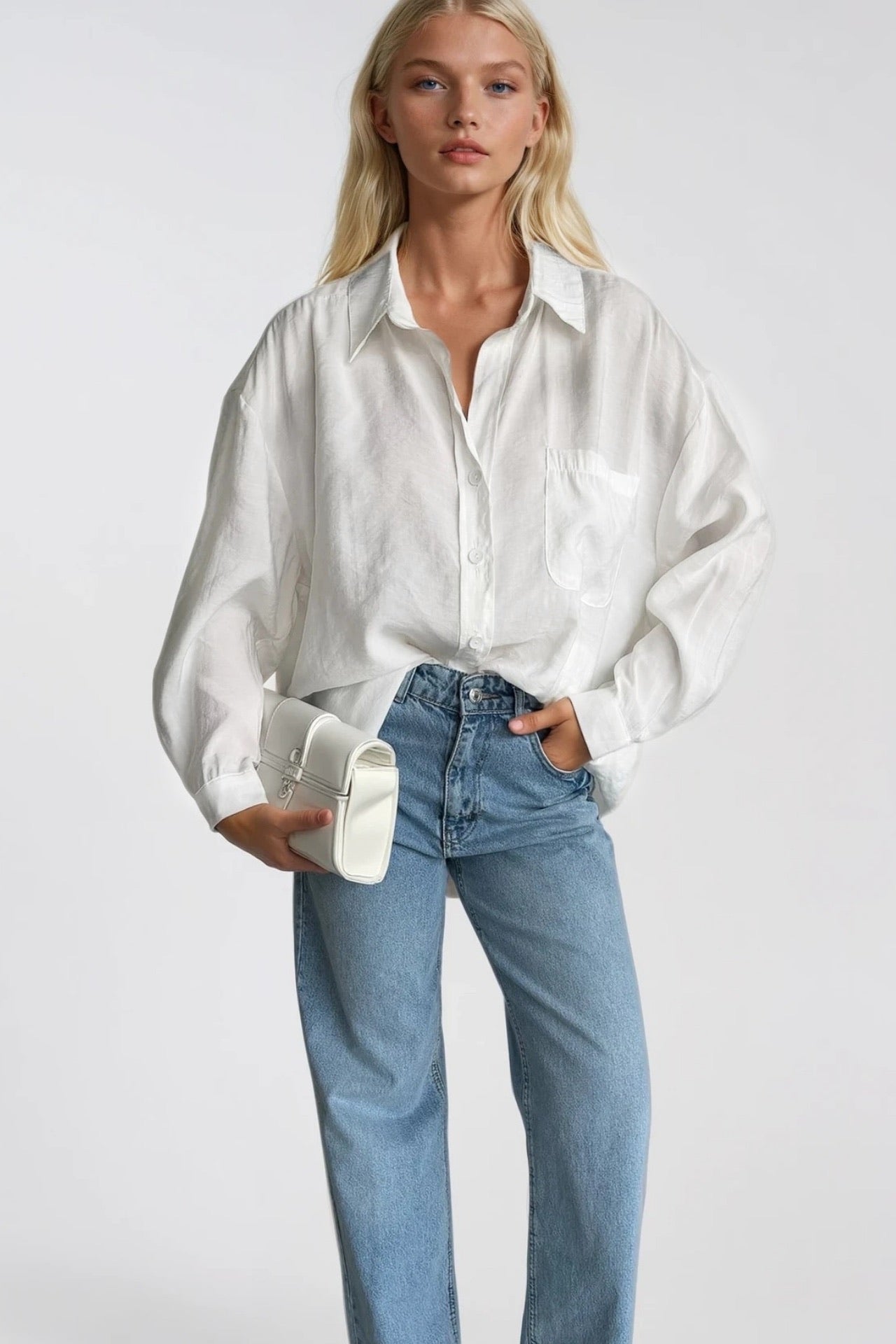 Cep Detay Basic Oversize White Shirt