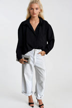 Cep Detay Basic Oversize Black Shirt