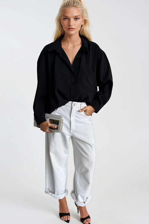 Basic Oversize Black Shirt with Pocket Detail