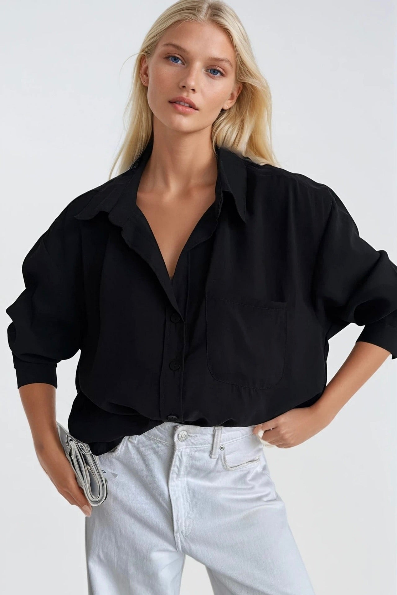 Cep Detay Basic Oversize Black Shirt