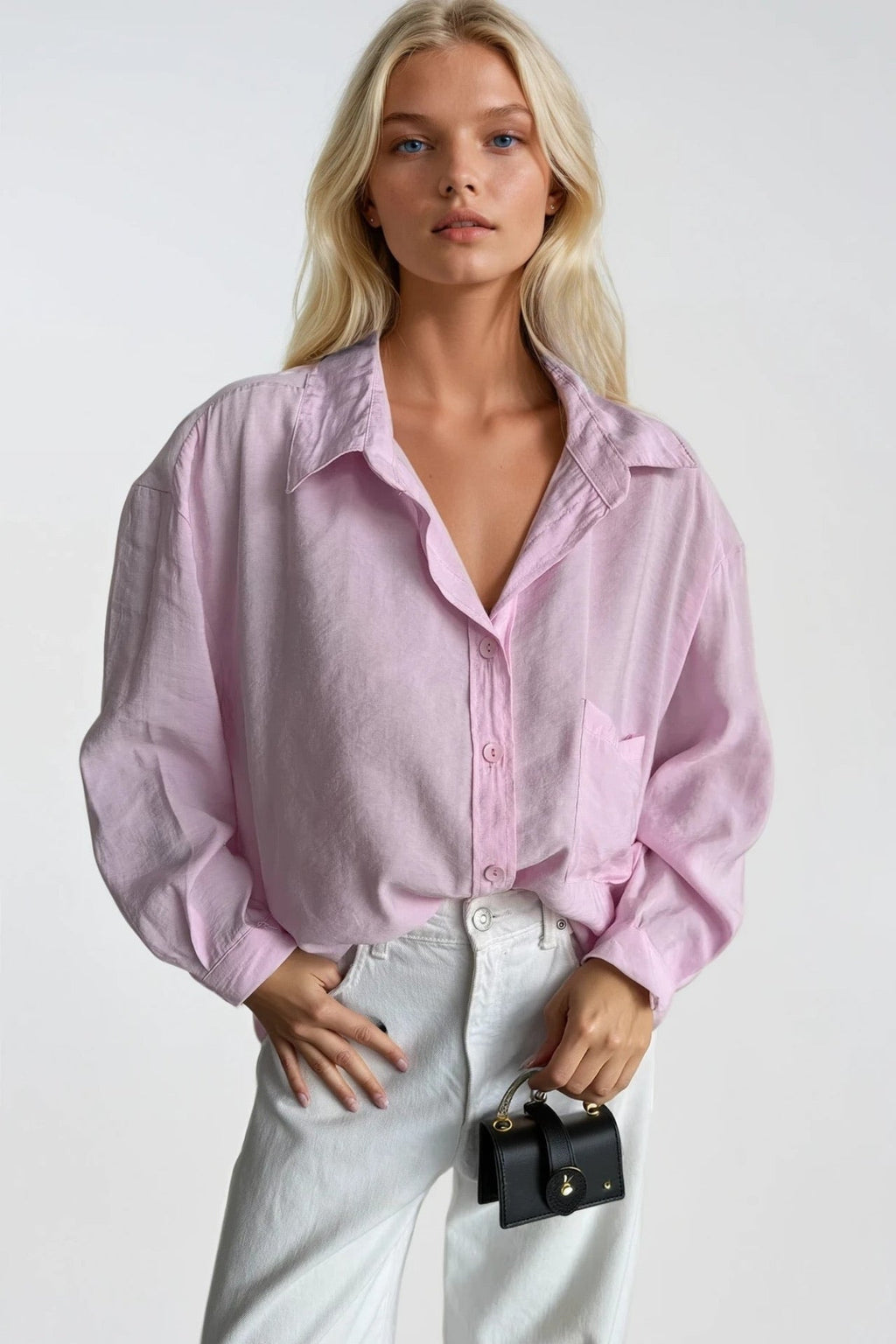 Cep Detay Basic Oversize Pink Shirt
