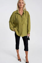 Cep Detay Basic Oversize Green Shirt