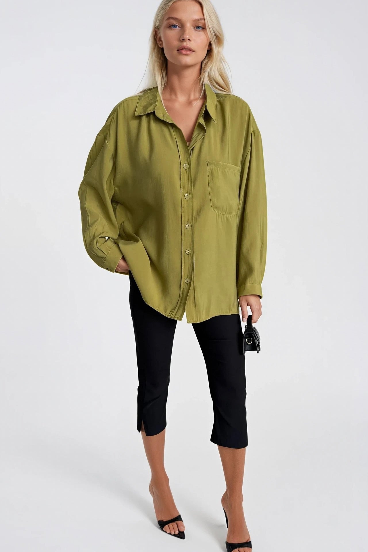 Cep Detay Basic Oversize Green Shirt