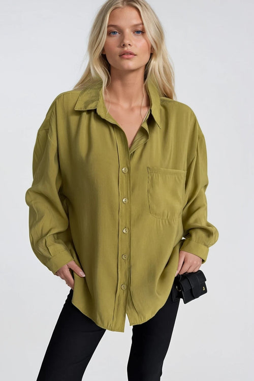 Cep Detay Basic Oversize Green Shirt