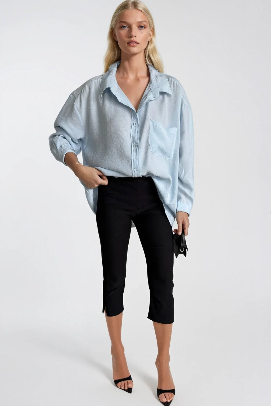 Cep Detay Basic Oversize Blue Shirt