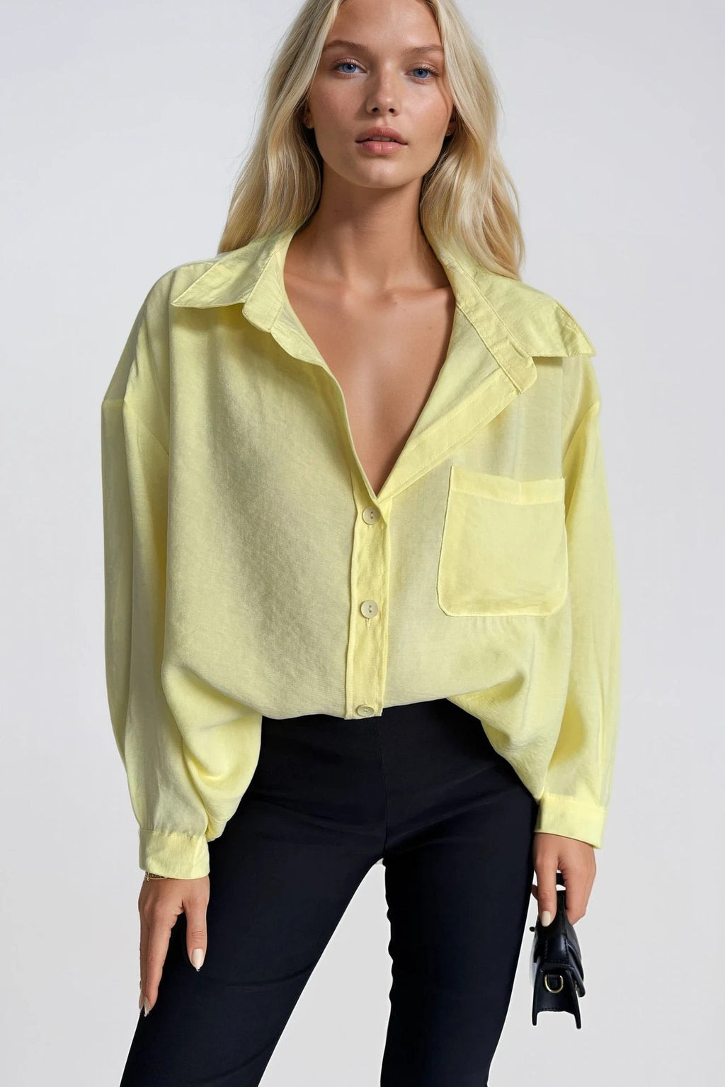 Cep Detay Basic Oversize Yellow Shirt