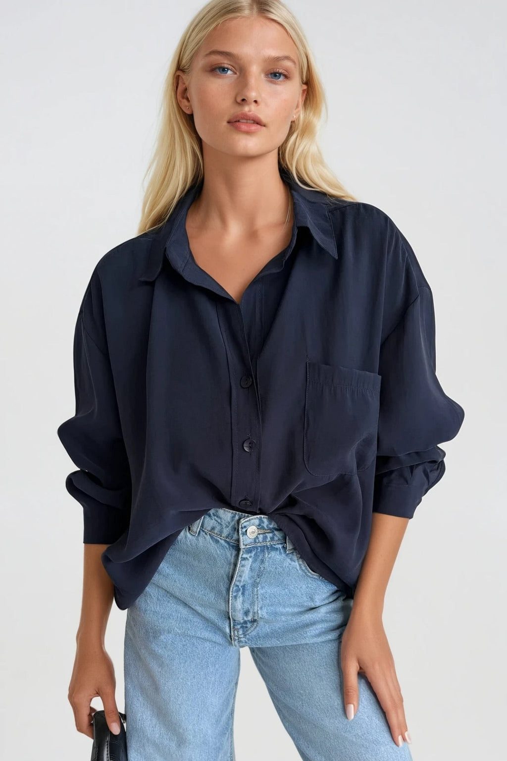 Cep Detay Basic Oversize Navy Shirt