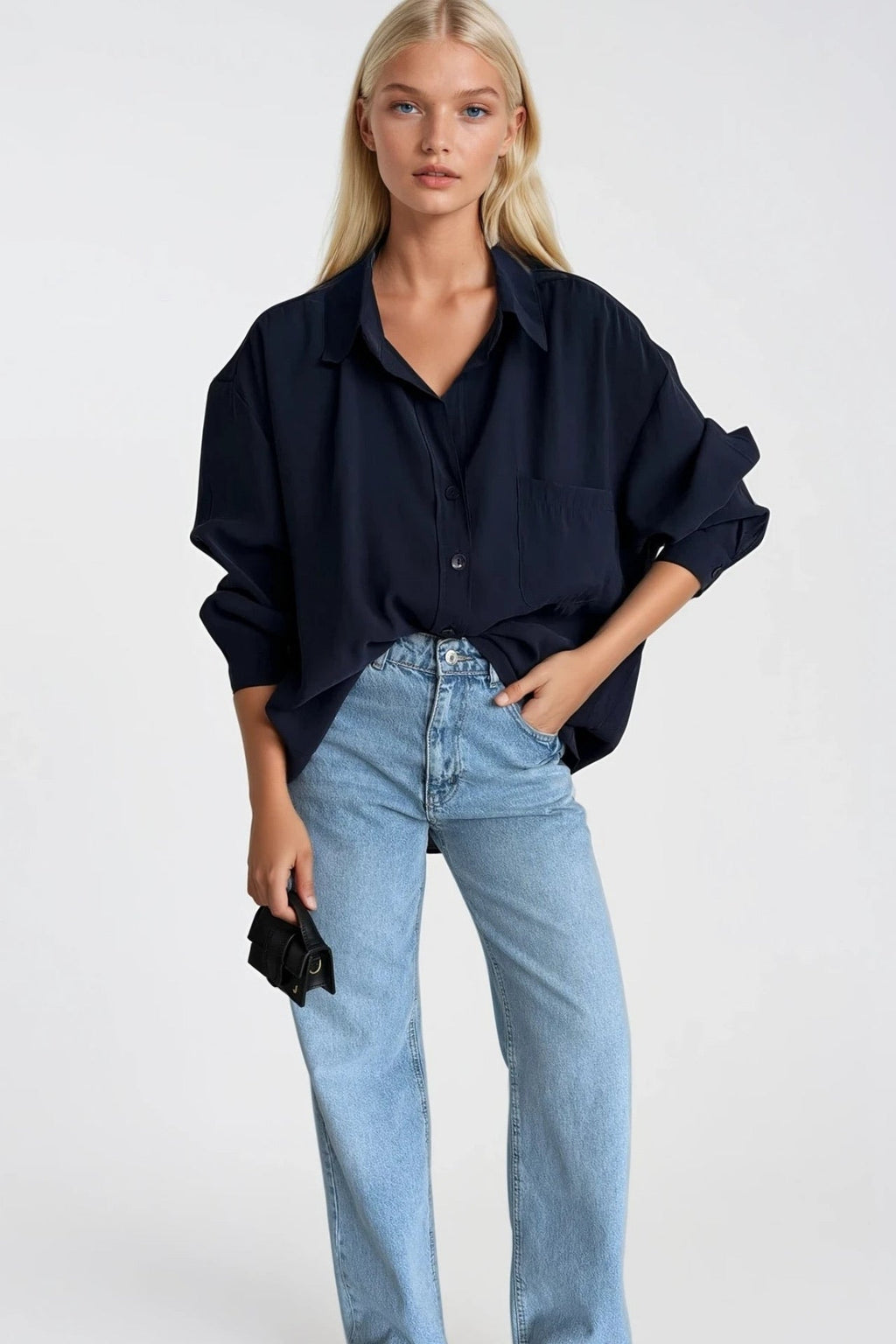 Cep Detay Basic Oversize Navy Shirt