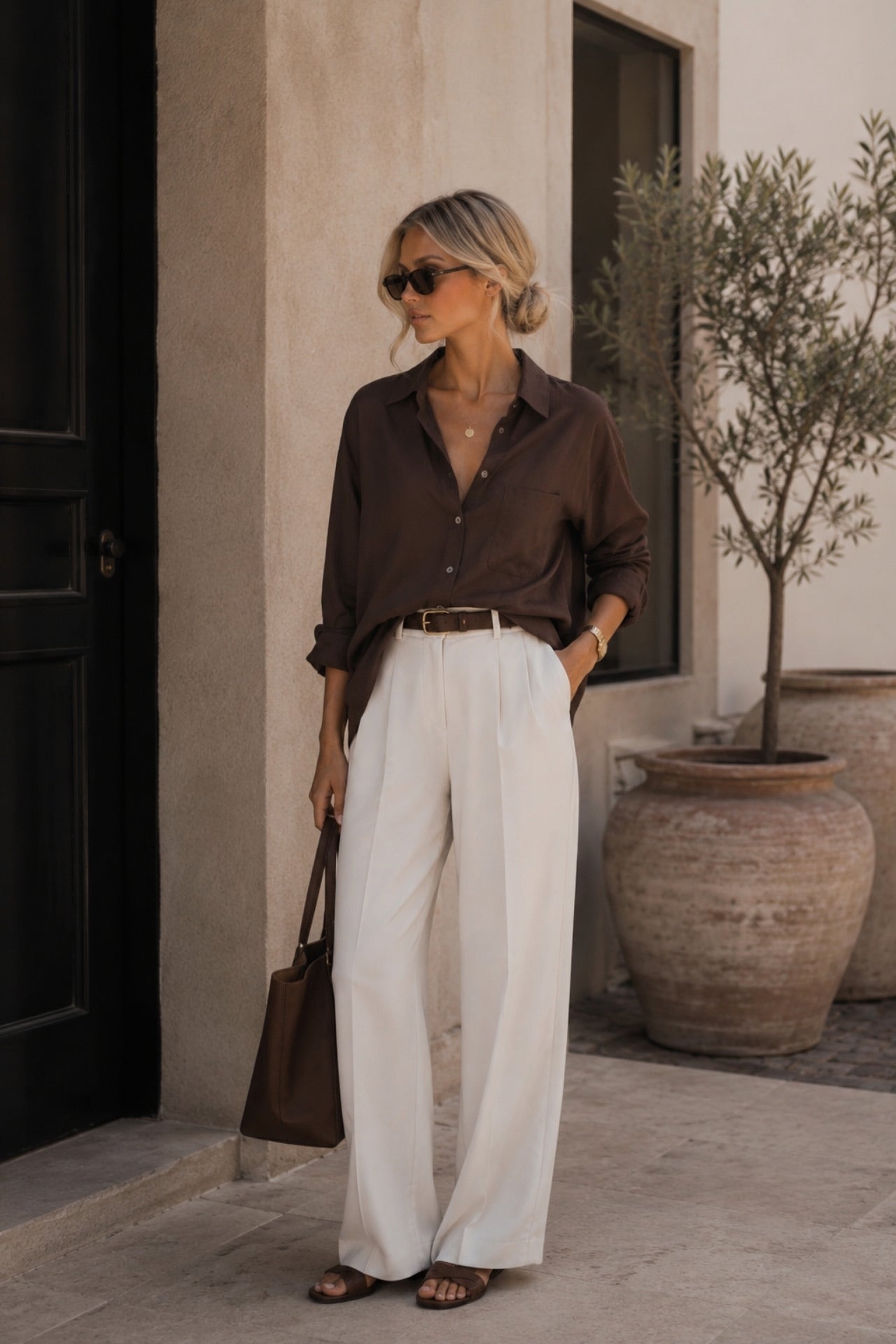 Basic Oversize Brown Shirt with Pocket Detail
