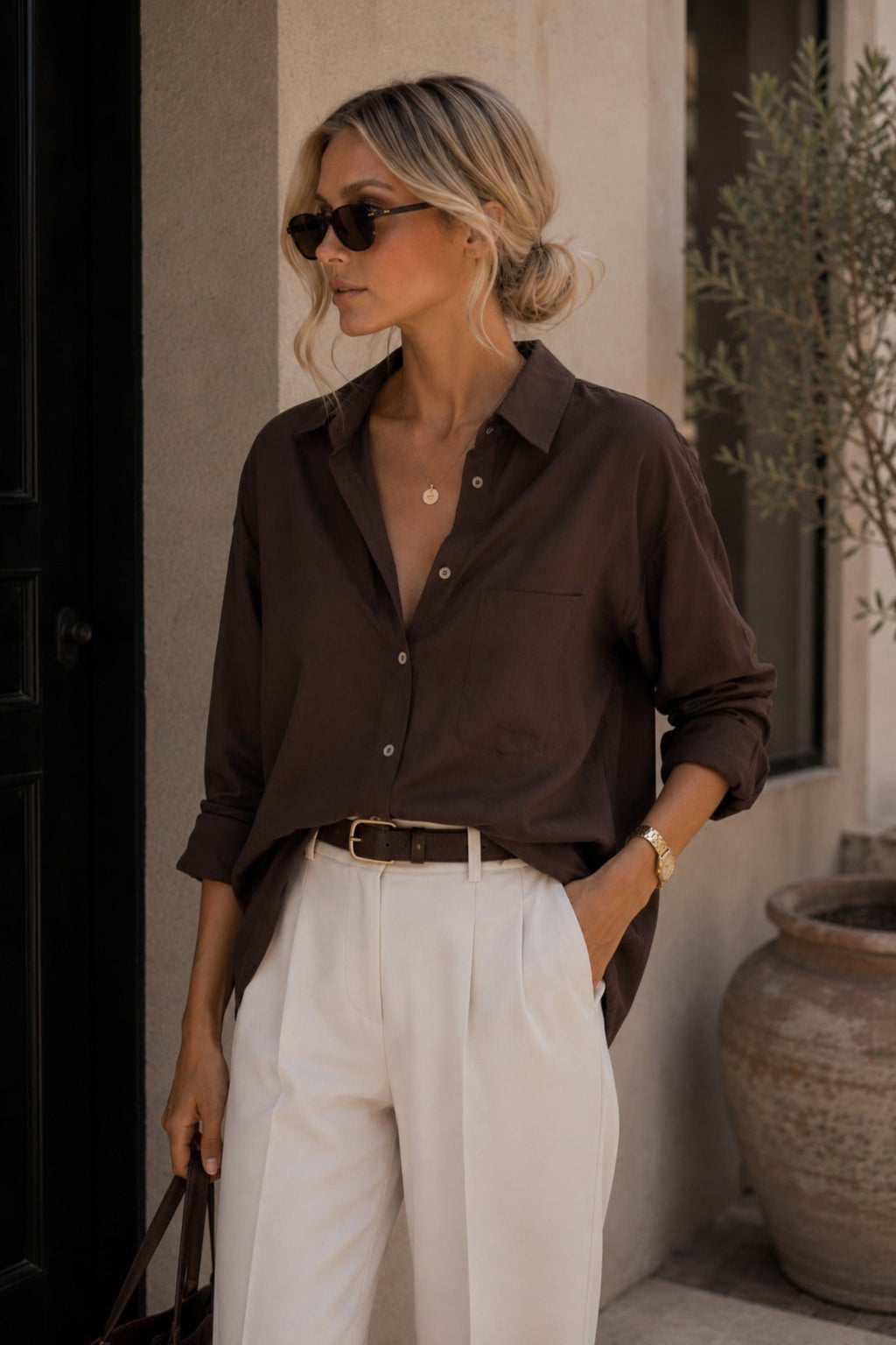 Basic Oversize Brown Shirt with Pocket Detail