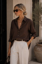 Basic Oversize Brown Shirt with Pocket Detail