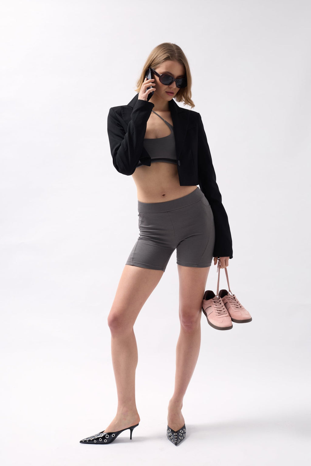 Pocket Detail Biker Gray Shorts