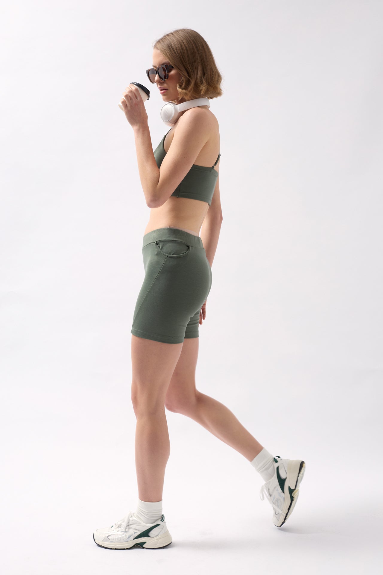 Pocket Detail Biker Khaki Shorts