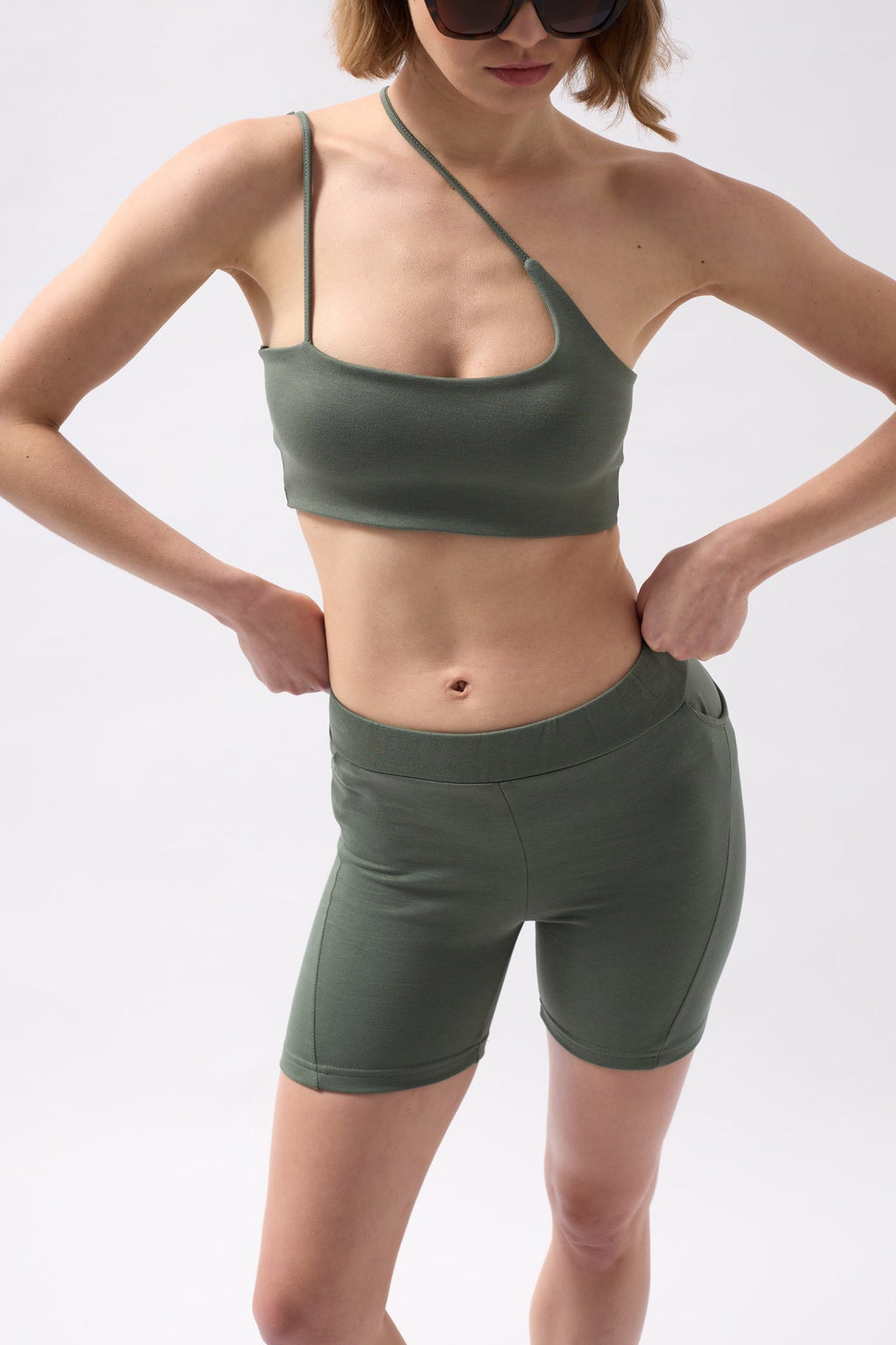 Pocket Detail Biker Khaki Shorts