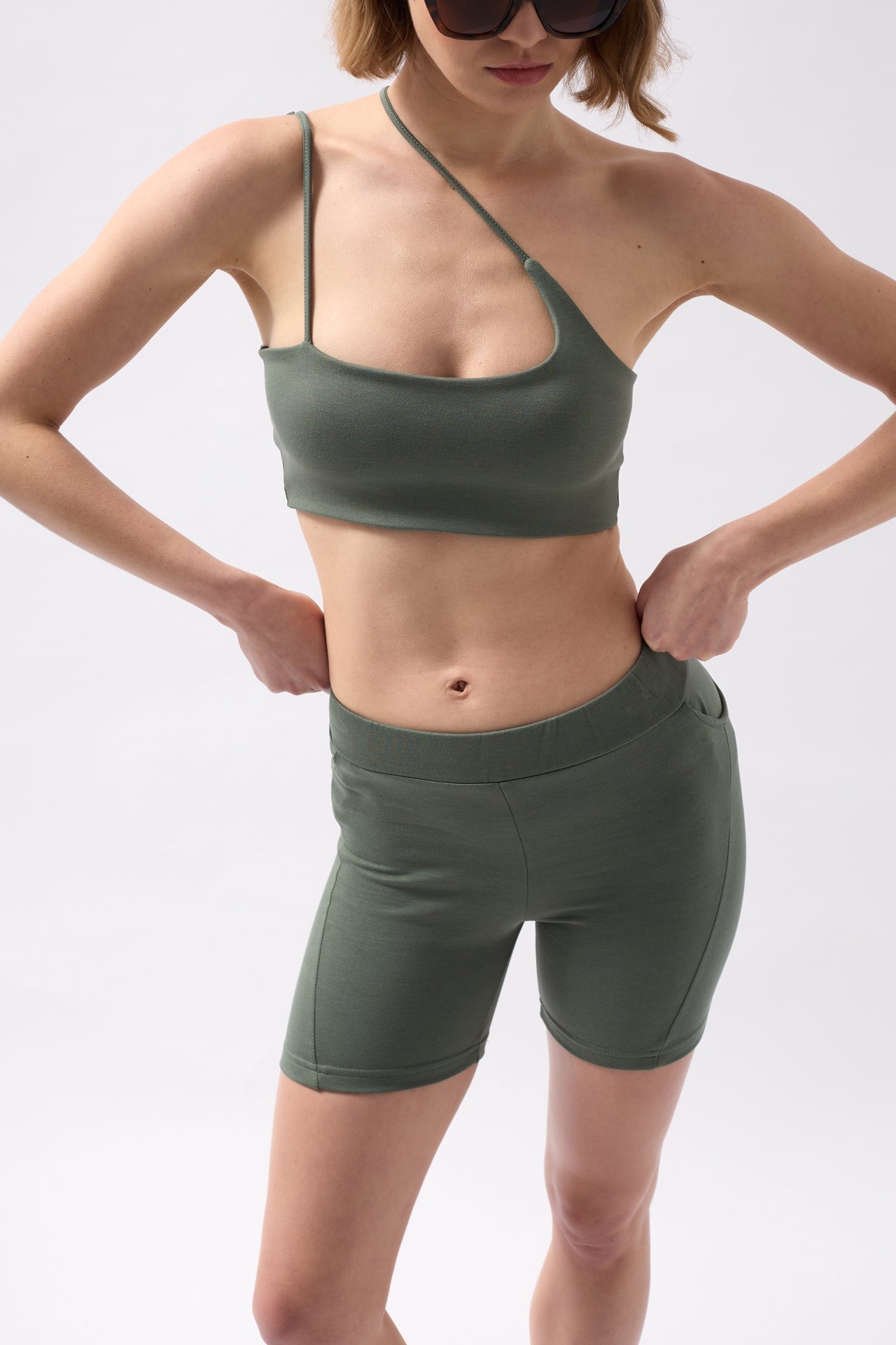 Pocket Detail Biker Khaki Shorts