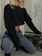 Pocket Detail Black Crop Sweatshirt