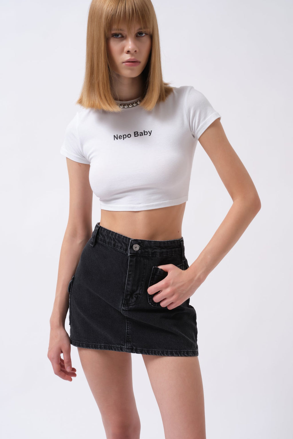 Pocket Detail Denim Mini Black Skirt