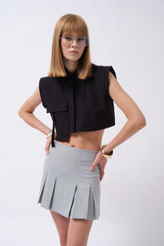 Sleeveless Linen Black Shirt with Pocket Detail