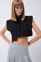 Pocket Detail Sleeveless Linen Black Shirt