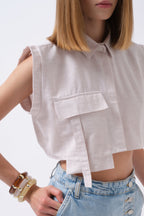 Pocket Detail Sleeveless Linen Gray Shirt