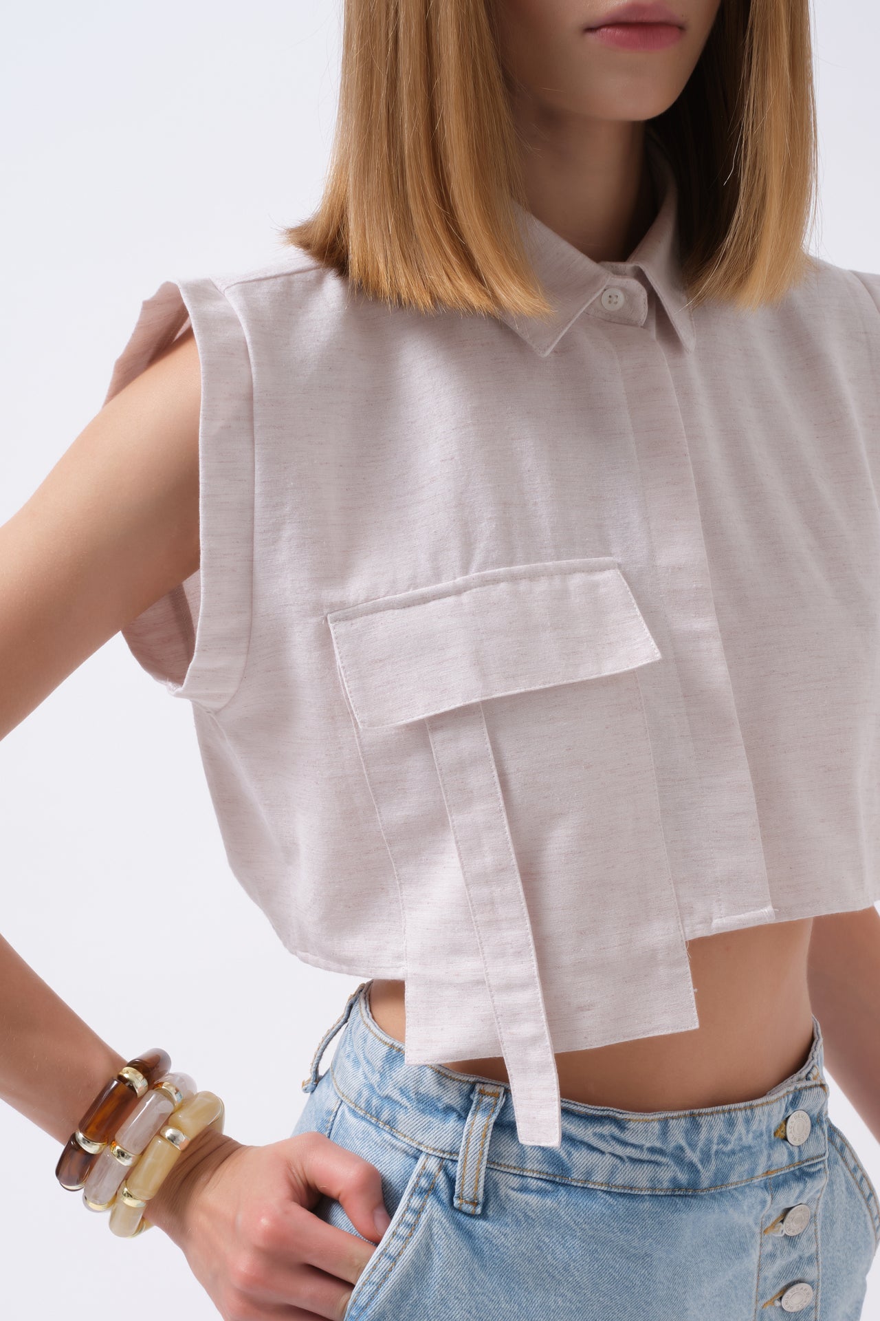 Pocket Detail Sleeveless Linen Gray Shirt