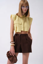 Pocket Detail Sleeveless Linen Yellow Shirt