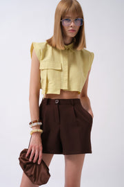 Sleeveless Linen Yellow Shirt with Pocket Detail