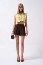 Pocket Detail Sleeveless Linen Yellow Shirt