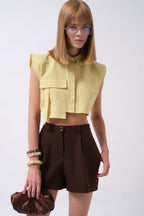 Pocket Detail Sleeveless Linen Yellow Shirt