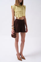 Pocket Detail Sleeveless Linen Yellow Shirt