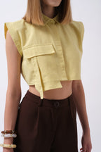 Pocket Detail Sleeveless Linen Yellow Shirt