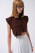 Pocket Detail Sleeveless Linen Brown Shirt