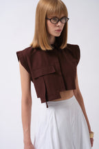 Pocket Detail Sleeveless Linen Brown Shirt