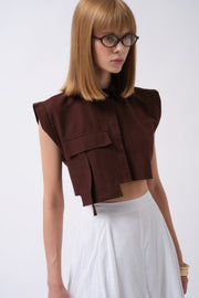 Sleeveless Linen Brown Shirt with Pocket Detail
