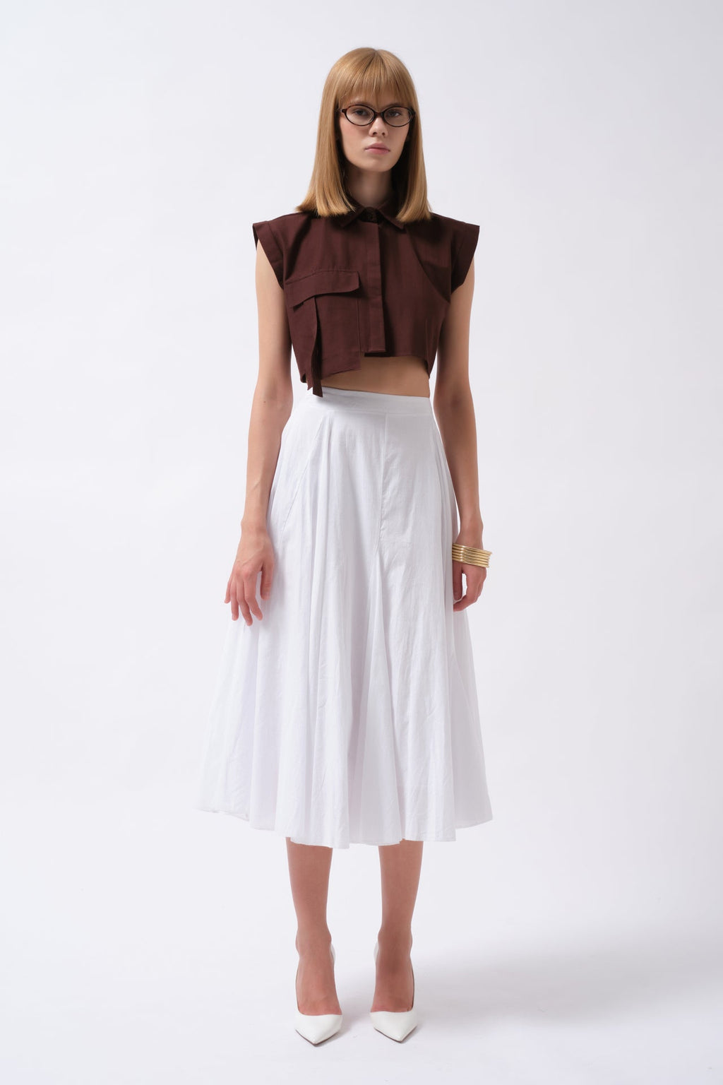 Pocket Detail Sleeveless Linen Brown Shirt