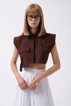 Pocket Detail Sleeveless Linen Brown Shirt
