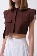 Pocket Detail Sleeveless Linen Brown Shirt