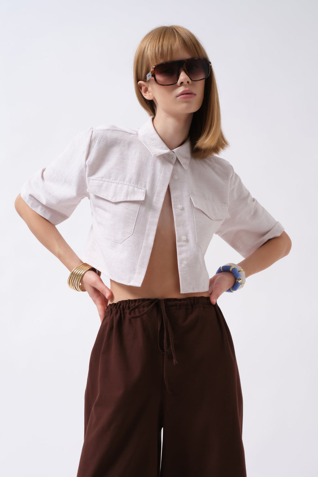 Pocket Detail Half Sleeve Crop Linen Gray Shirt