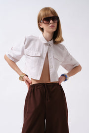 Pocket Detail Half Sleeve Crop Linen Gray Shirt