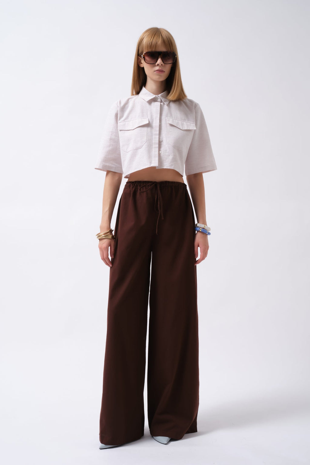 Pocket Detail Half Sleeve Crop Linen Gray Shirt