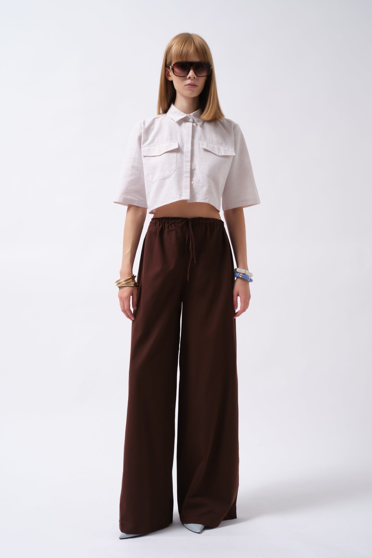 Pocket Detail Half Sleeve Crop Linen Gray Shirt