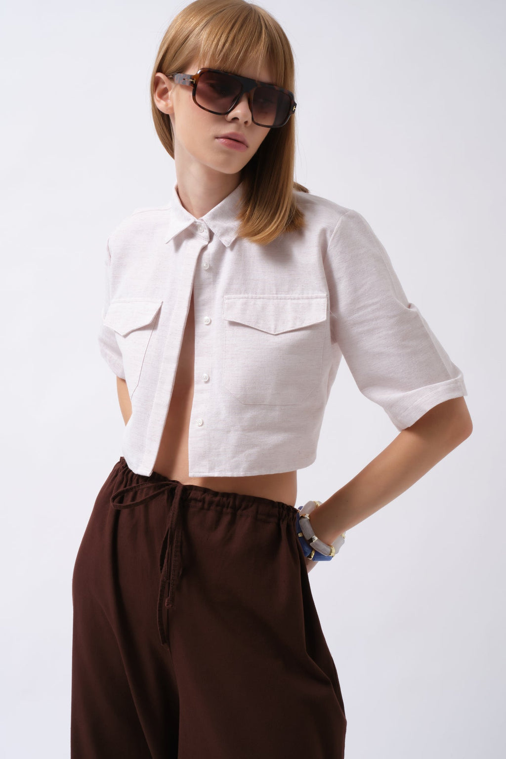 Pocket Detail Half Sleeve Crop Linen Gray Shirt