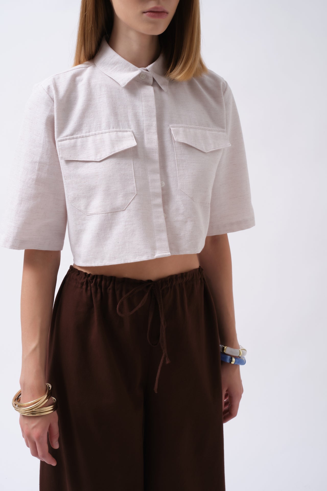 Pocket Detail Half Sleeve Crop Linen Gray Shirt