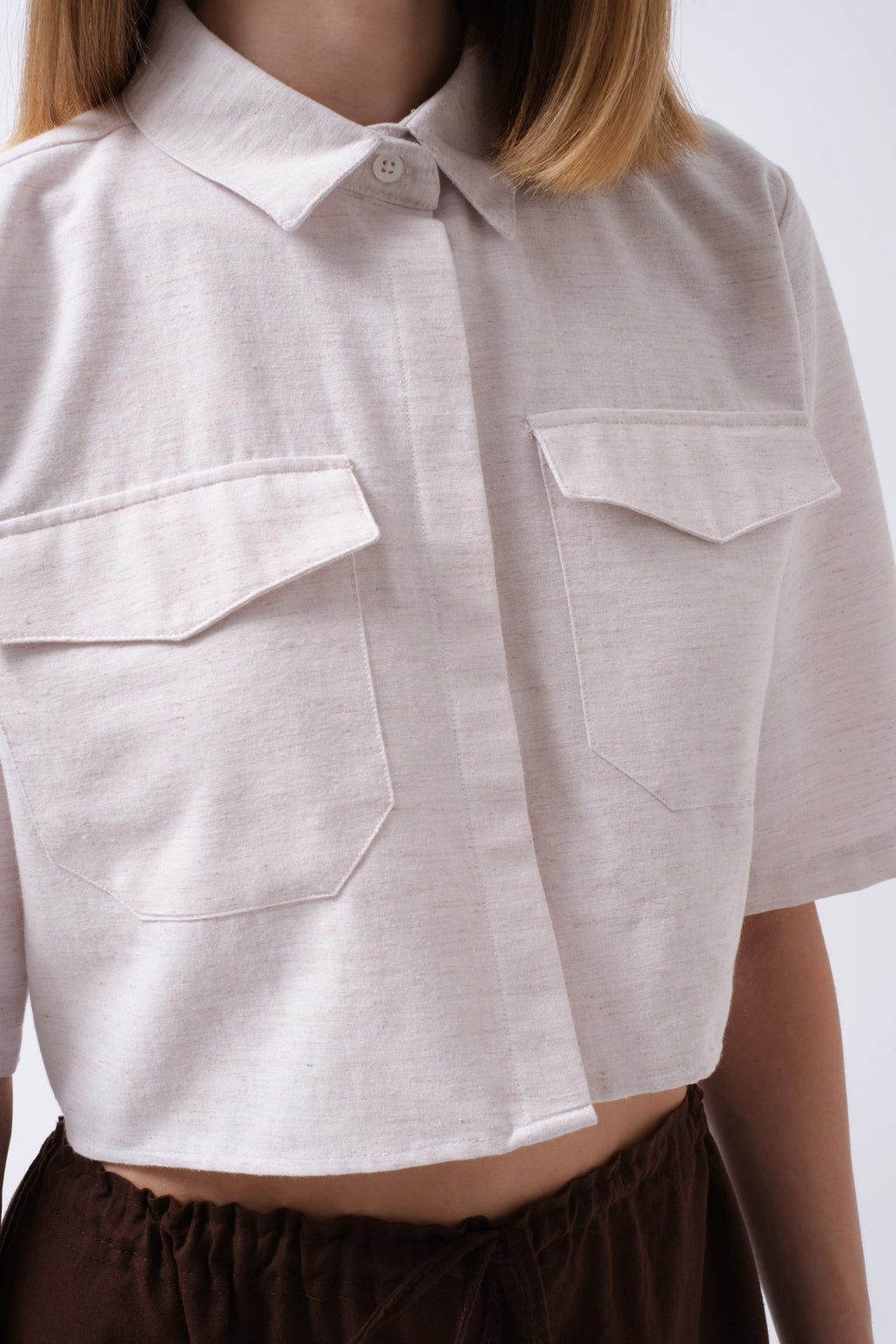 Pocket Detail Half Sleeve Crop Linen Gray Shirt