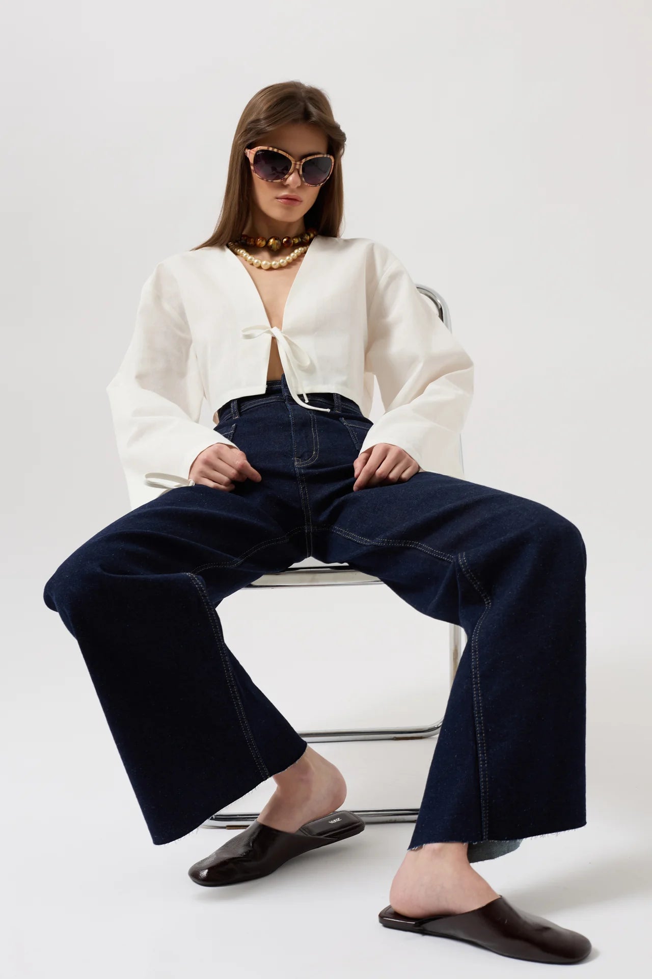 Tie Detail Long Sleeve White Blouse + Jean