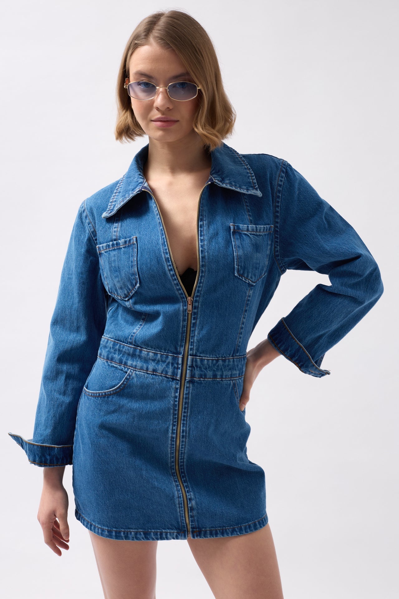 Pocket Detail Zippered Denim Mini Blue Dress