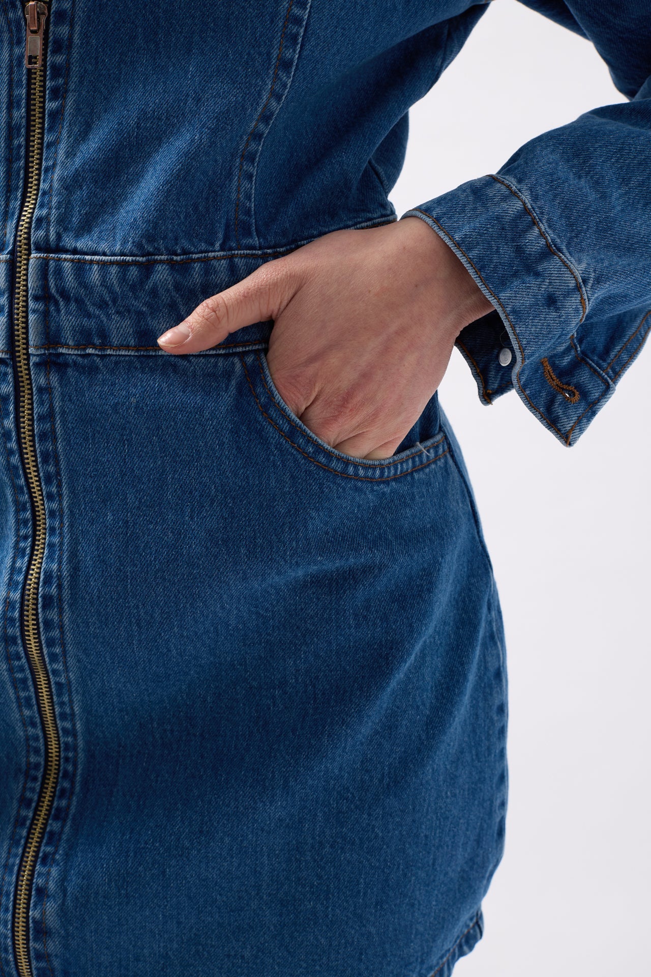 Pocket Detail Zippered Denim Mini Blue Dress