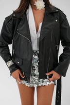 Cep and Zipper Detail Oversize Black Leather Jacket