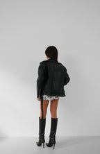 Cep and Zipper Detail Oversize Black Leather Jacket